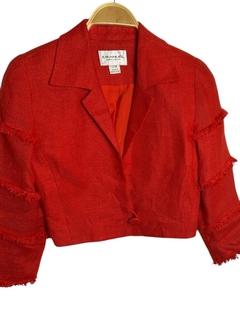 Vtg EMANUEL UNGARO ,linen ,cropped,red blazer, sz 2/36 ,frayed sleeves,great con